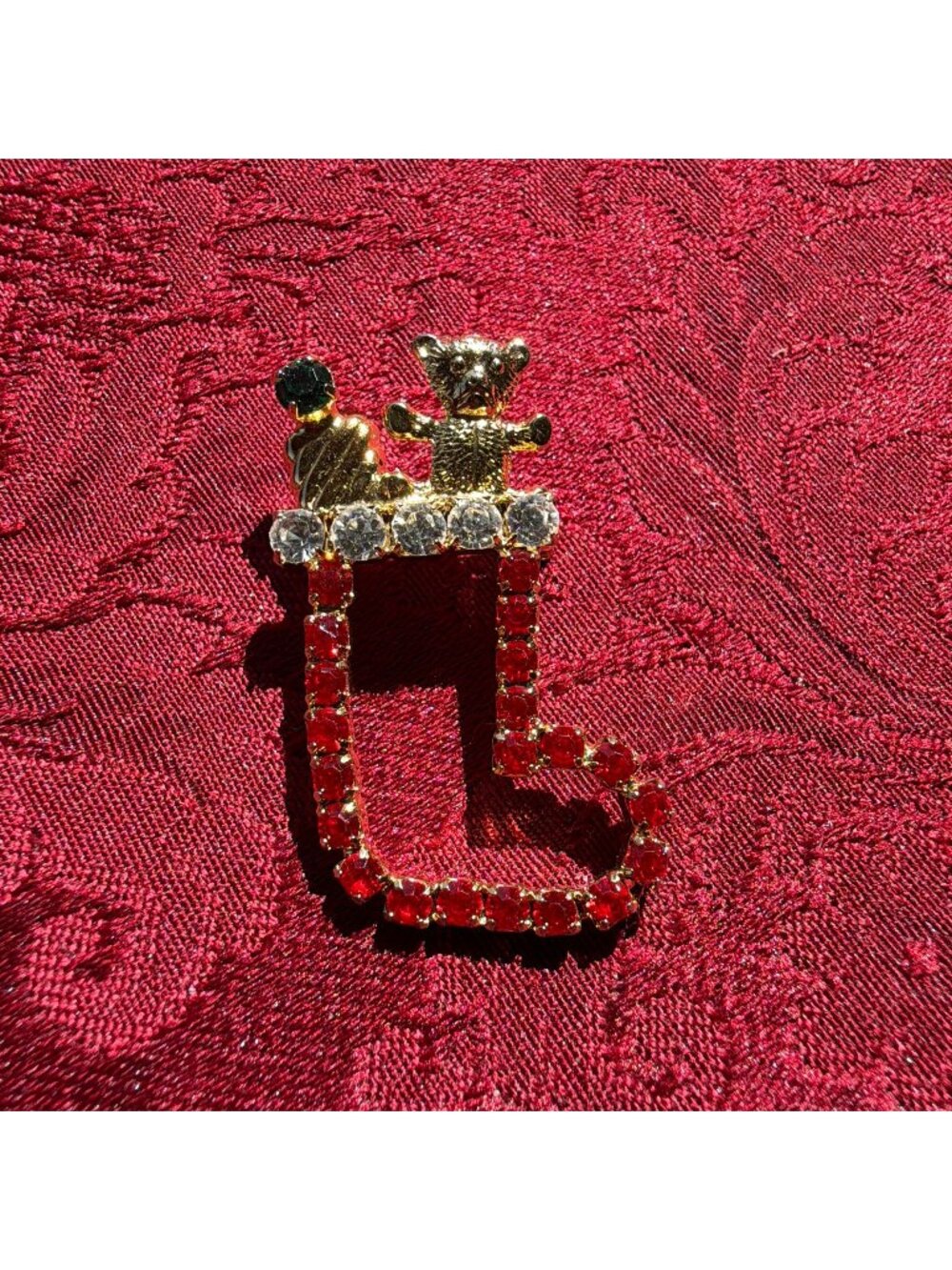 Vintage Christmas Stocking Brooch Red Clear Rhinestone Gold Tone Teddy Bear Pin
